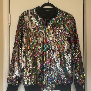Sequin Rainbow Bomber Jacket SO MUCH SPARKLE! Zip up Size Medium NWT